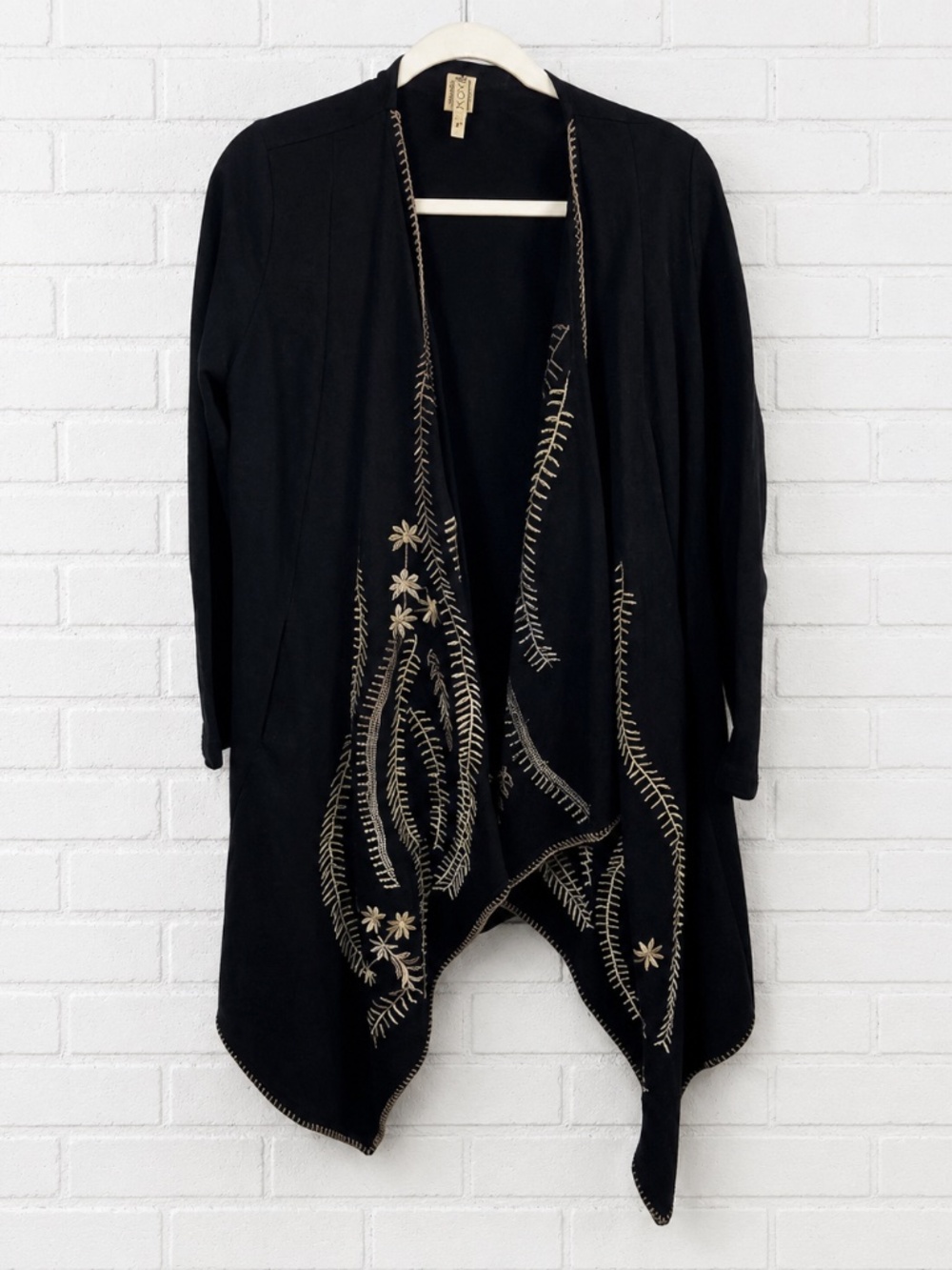 XCVI Black Embroidered Drape Cardigan Womens M Open Front Waterfall Jacket Boho